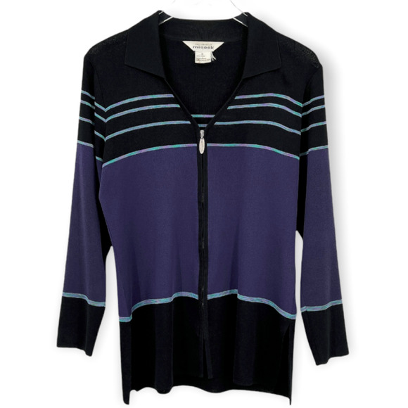 Exclusively Misook Black Purple Striped Zip Up Long Sleeve Knit Cardigan Size S - Picture 3 of 10